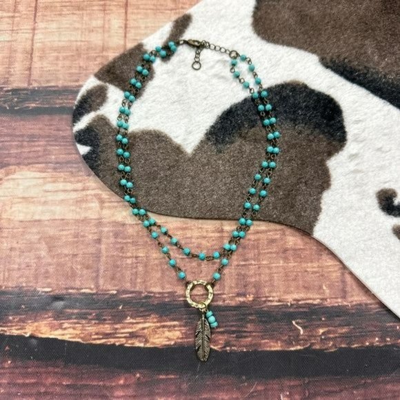 Turquoise Bead Choker Necklace with Feather - Picture 1 of 3